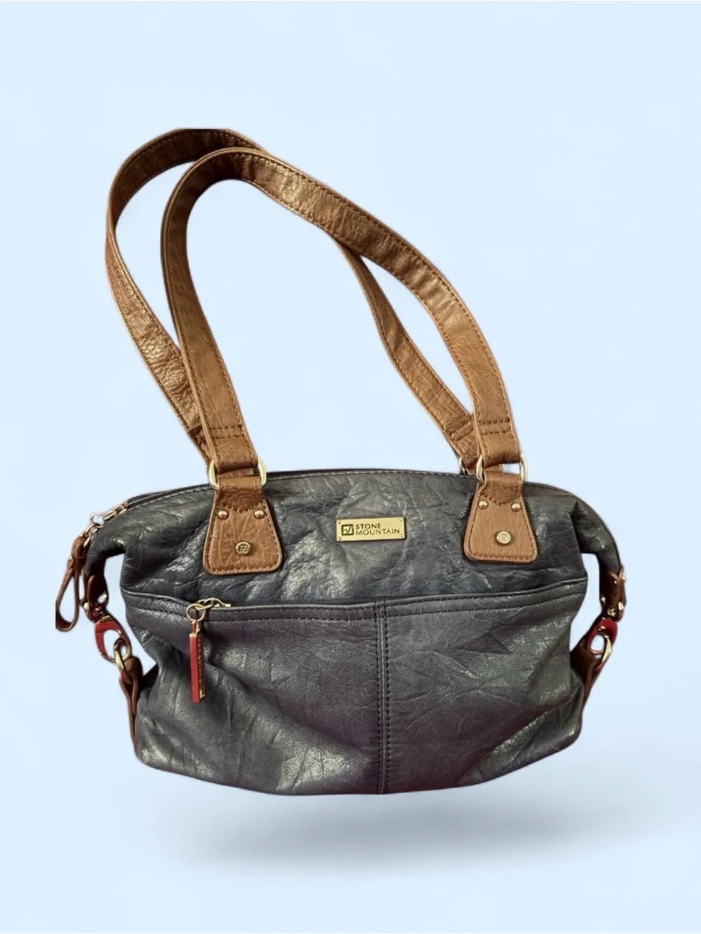 Stone Mountain Leather Navy Blue w/Brown Handles Long Beach Satchel